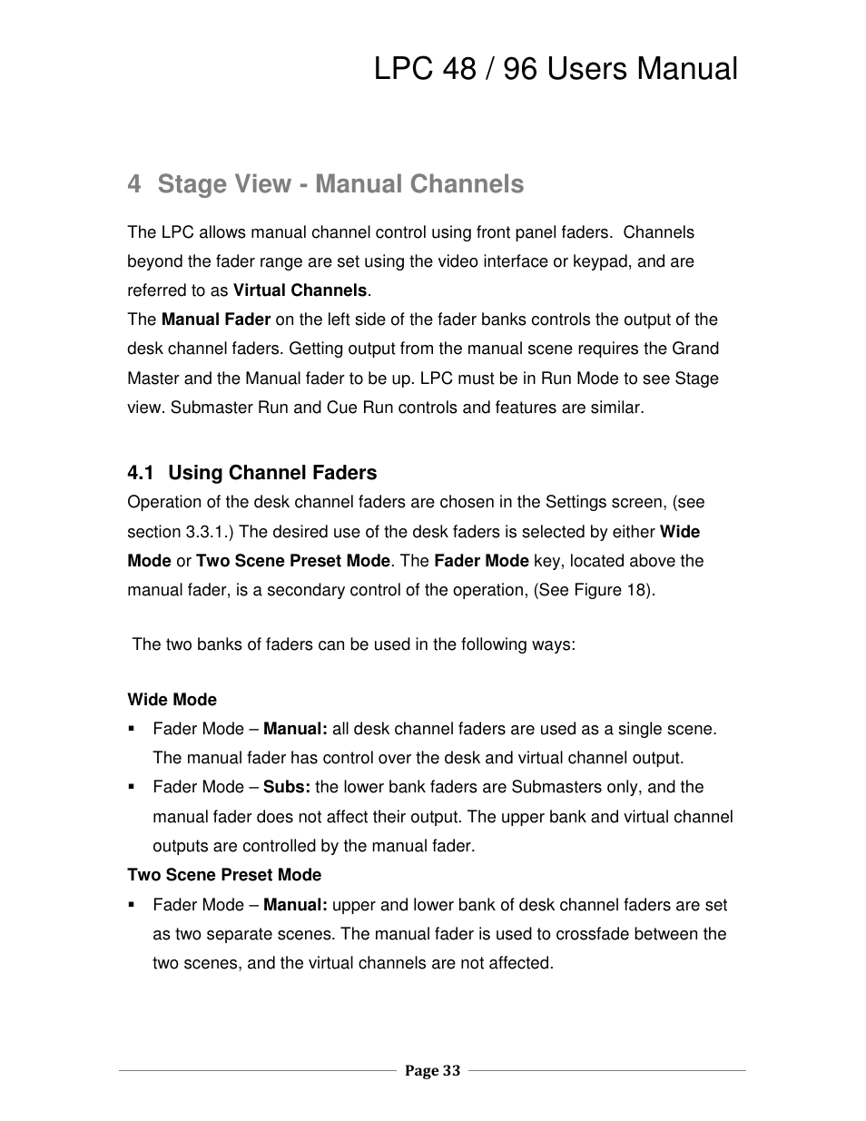 Lpc 48 / 96 users manual, 4 stage view - manual channels | Leprecon LPC V2 User's Manual User Manual | Page 33 / 122