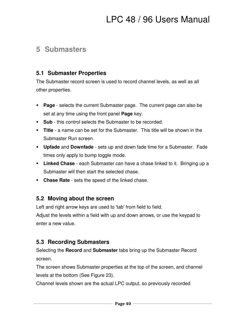 Lpc 48 / 96 users manual, 5 submasters | Leprecon LPC V2 User's Manual User Manual | Page 40 / 122