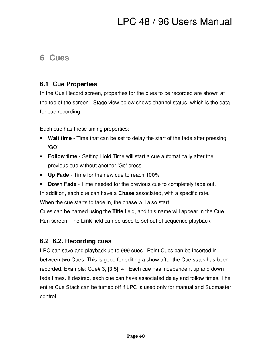 Lpc 48 / 96 users manual, 6 cues | Leprecon LPC V2 User's Manual User Manual | Page 48 / 122