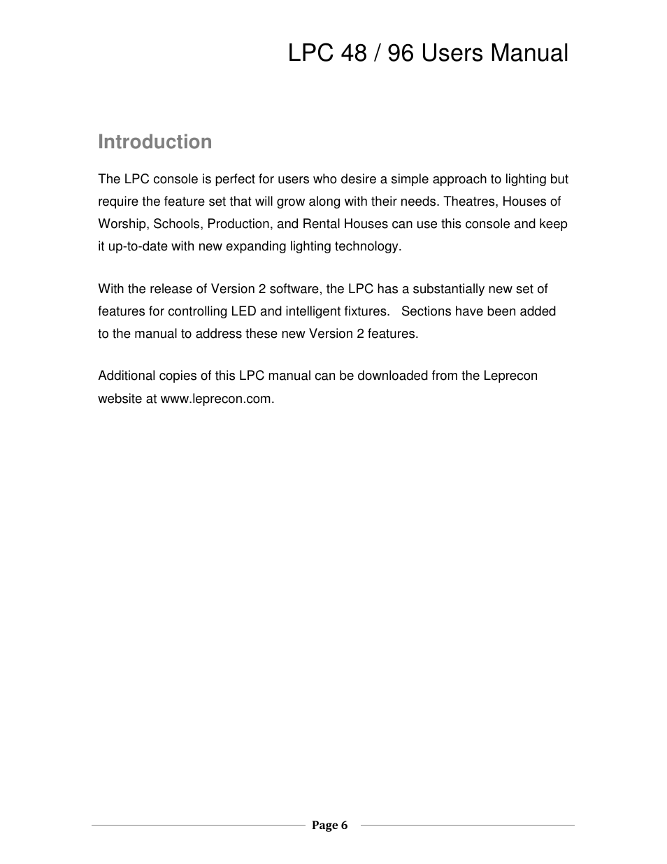Lpc 48 / 96 users manual, Introduction | Leprecon LPC V2 User's Manual User Manual | Page 6 / 122