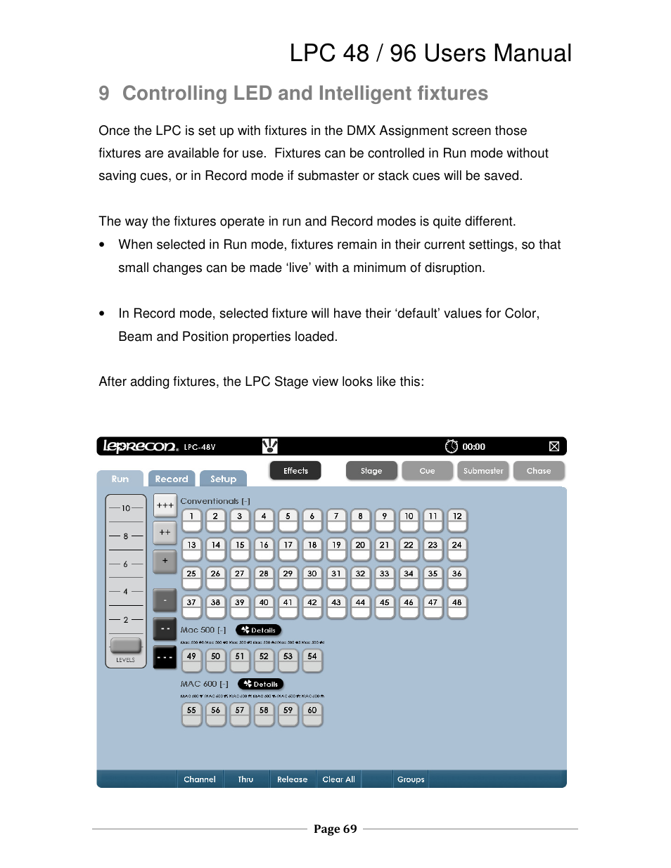 Lpc 48 / 96 users manual, 9 controlling led and intelligent fixtures | Leprecon LPC V2 User's Manual User Manual | Page 69 / 122