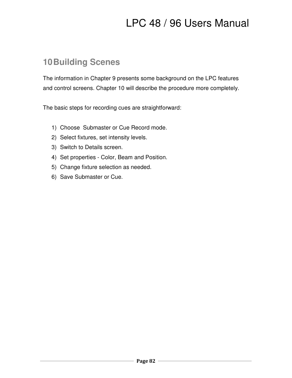 Lpc 48 / 96 users manual, 10 building scenes | Leprecon LPC V2 User's Manual User Manual | Page 82 / 122