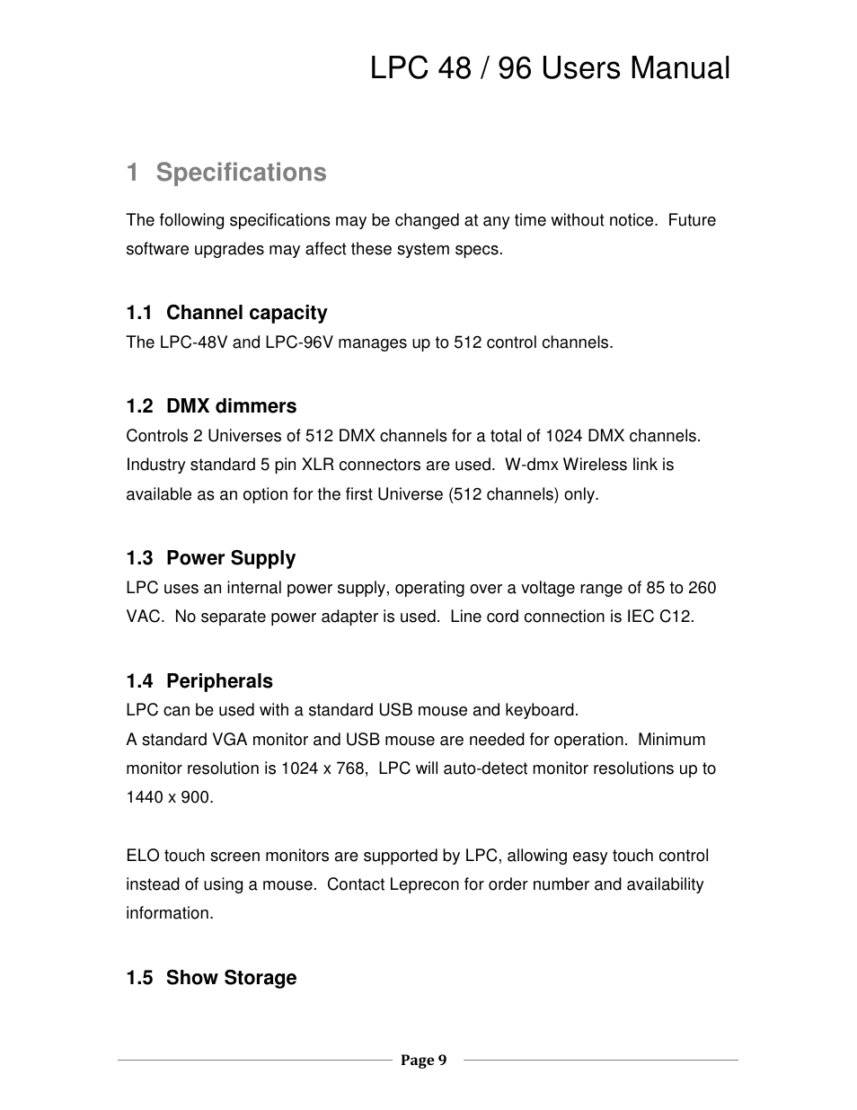Lpc 48 / 96 users manual, 1 specifications | Leprecon LPC V2 User's Manual User Manual | Page 9 / 122