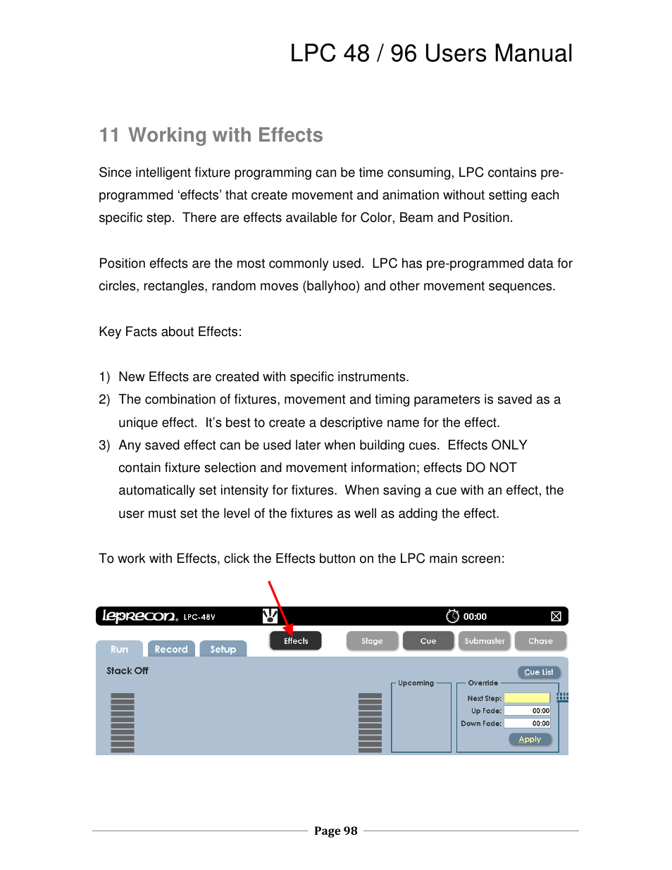 Lpc 48 / 96 users manual, 11 working with effects | Leprecon LPC V2 User's Manual User Manual | Page 98 / 122