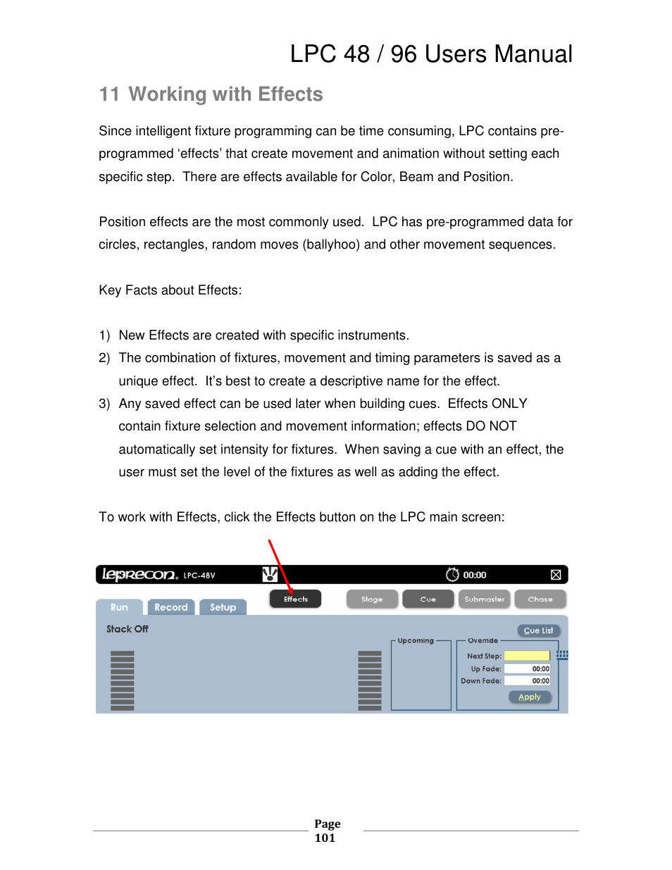 Lpc 48 / 96 users manual, 11 working with effects | Leprecon LPC V3 User's Manual User Manual | Page 101 / 126