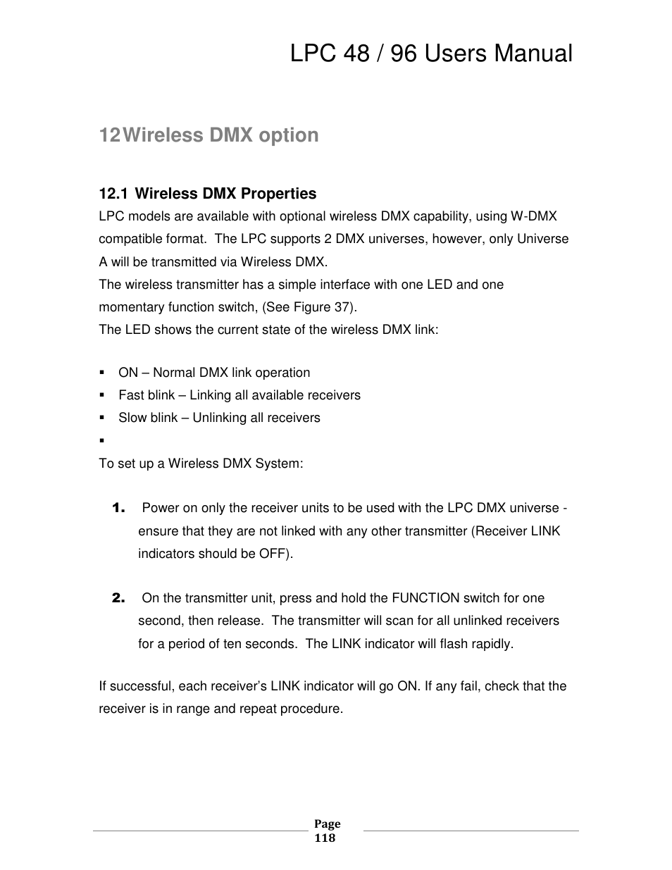 Lpc 48 / 96 users manual, 12 wireless dmx option | Leprecon LPC V3 User's Manual User Manual | Page 118 / 126