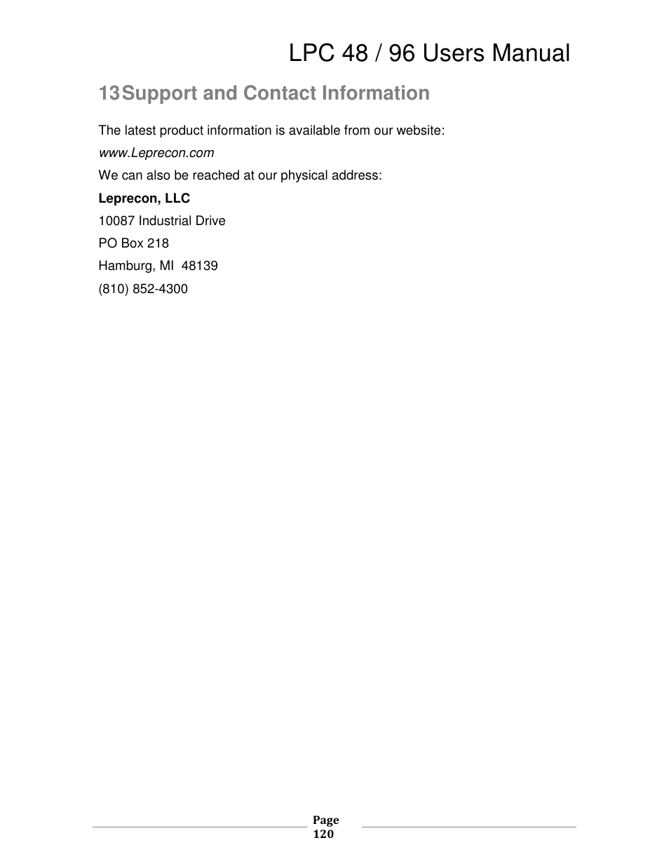 Lpc 48 / 96 users manual, 13 support and contact information | Leprecon LPC V3 User's Manual User Manual | Page 120 / 126