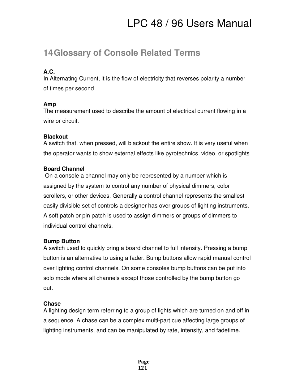 Lpc 48 / 96 users manual, 14 glossary of console related terms | Leprecon LPC V3 User's Manual User Manual | Page 121 / 126