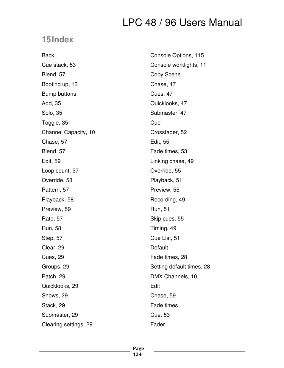Lpc 48 / 96 users manual, 15 index | Leprecon LPC V3 User's Manual User Manual | Page 124 / 126