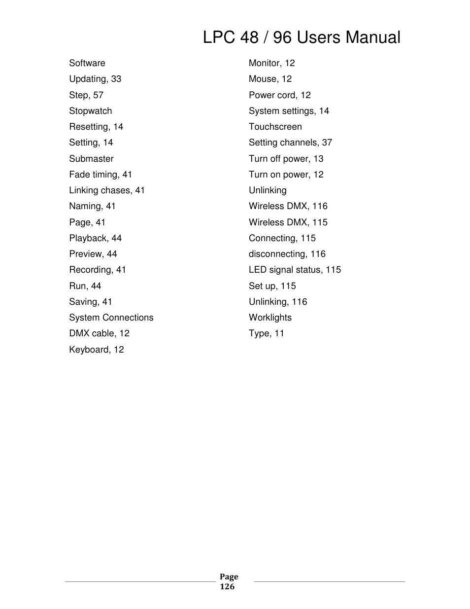Lpc 48 / 96 users manual | Leprecon LPC V3 User's Manual User Manual | Page 126 / 126