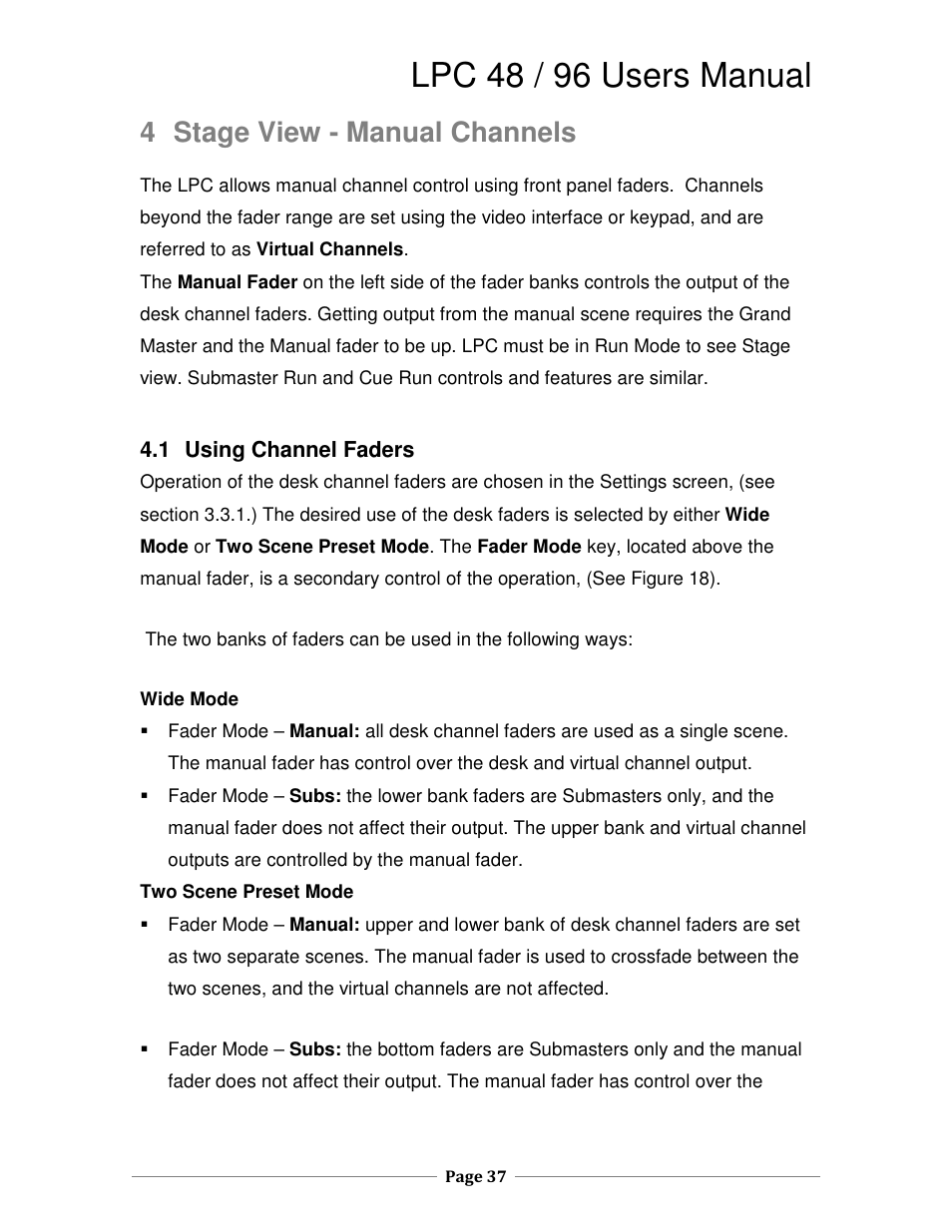 Lpc 48 / 96 users manual, 4 stage view - manual channels | Leprecon LPC V3 User's Manual User Manual | Page 37 / 126