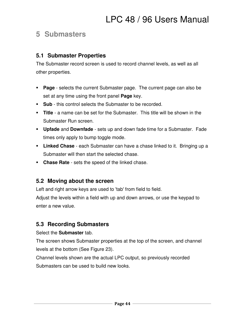 Lpc 48 / 96 users manual, 5 submasters | Leprecon LPC V3 User's Manual User Manual | Page 44 / 126