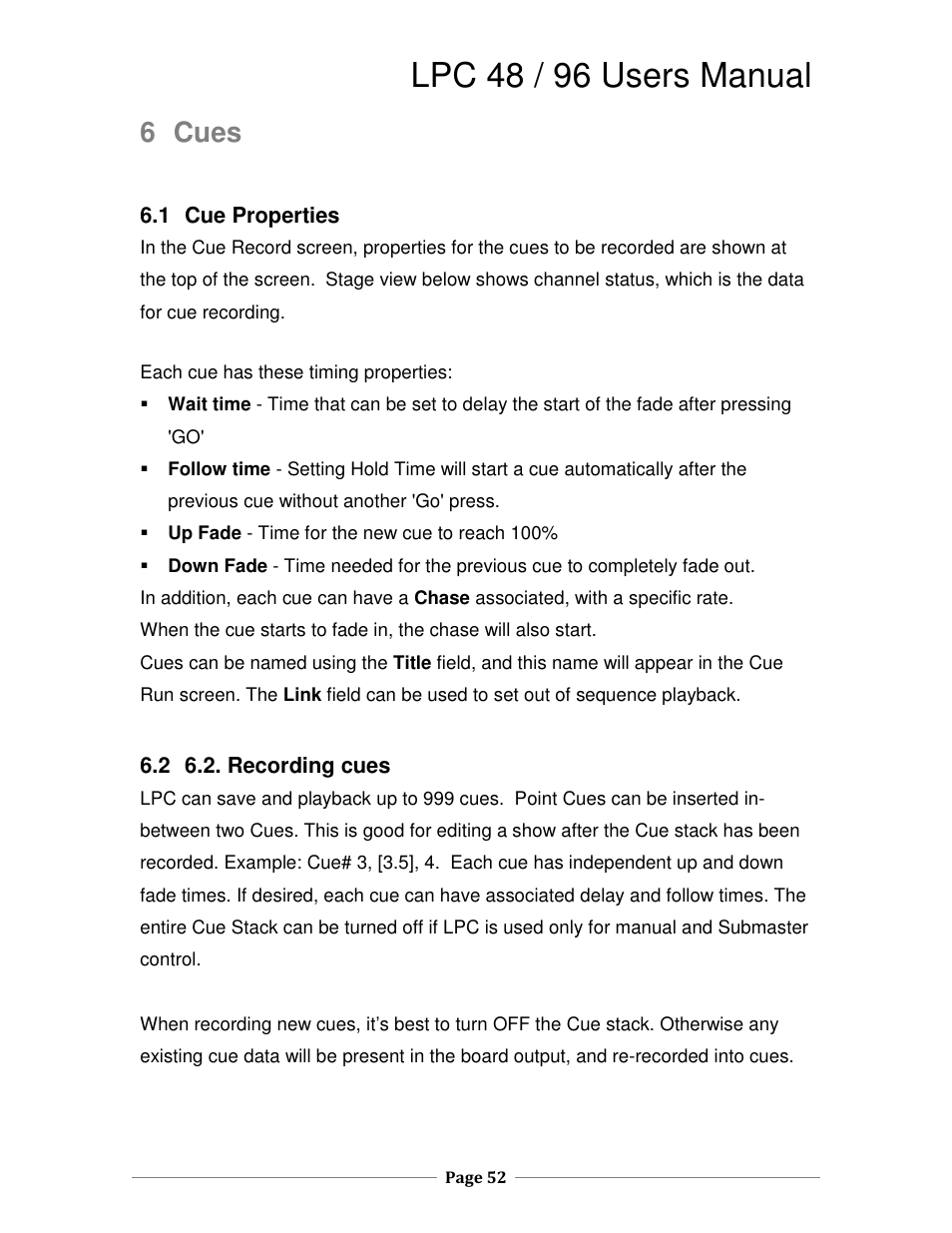 Lpc 48 / 96 users manual, 6 cues | Leprecon LPC V3 User's Manual User Manual | Page 52 / 126