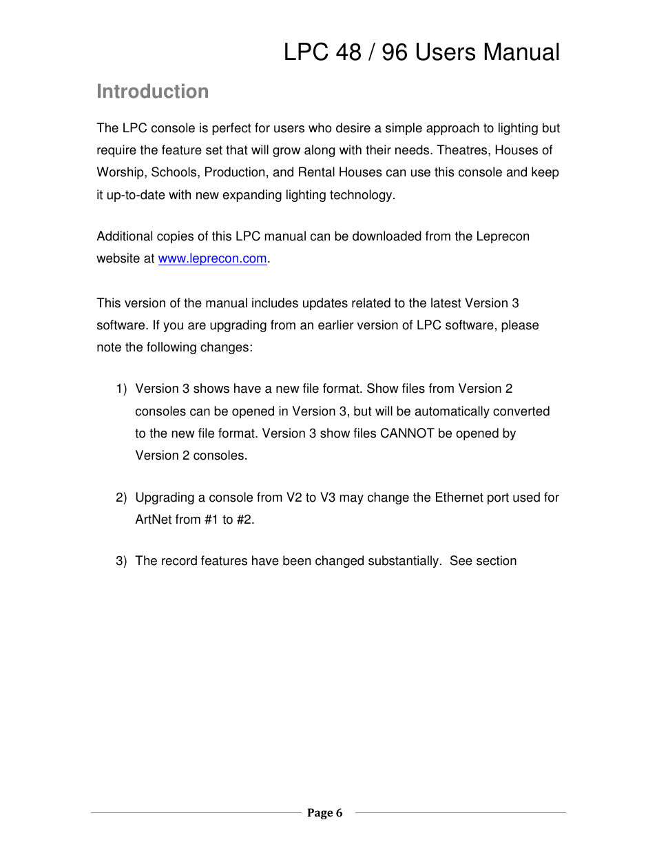 Lpc 48 / 96 users manual, Introduction | Leprecon LPC V3 User's Manual User Manual | Page 6 / 126