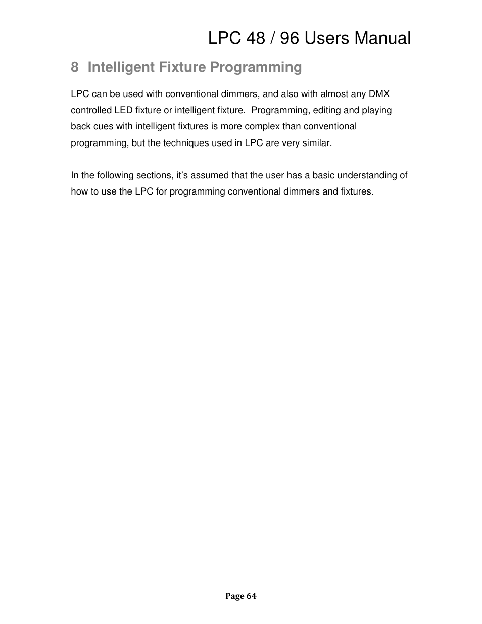 Lpc 48 / 96 users manual, 8 intelligent fixture programming | Leprecon LPC V3 User's Manual User Manual | Page 64 / 126