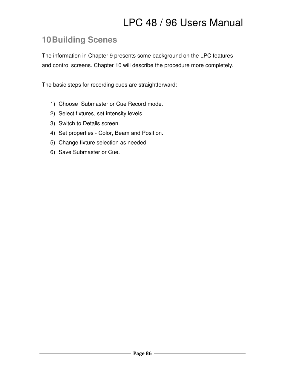Lpc 48 / 96 users manual, 10 building scenes | Leprecon LPC V3 User's Manual User Manual | Page 86 / 126