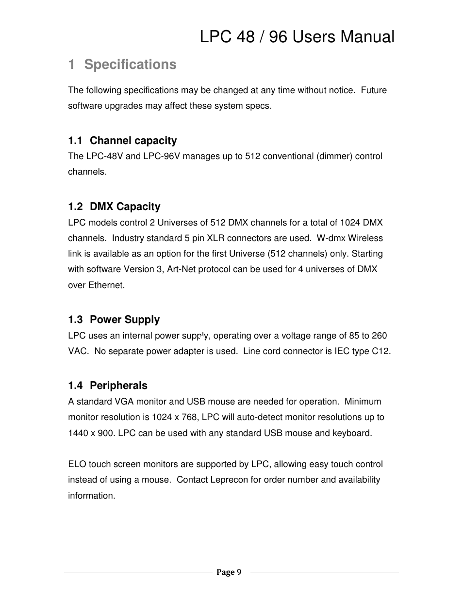 Lpc 48 / 96 users manual, 1 specifications | Leprecon LPC V3 User's Manual User Manual | Page 9 / 126