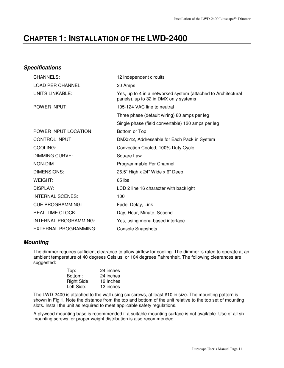 Lwd-2400, Hapter, Nstallation of the | Leprecon Litescape dimmer User Manual | Page 13 / 79