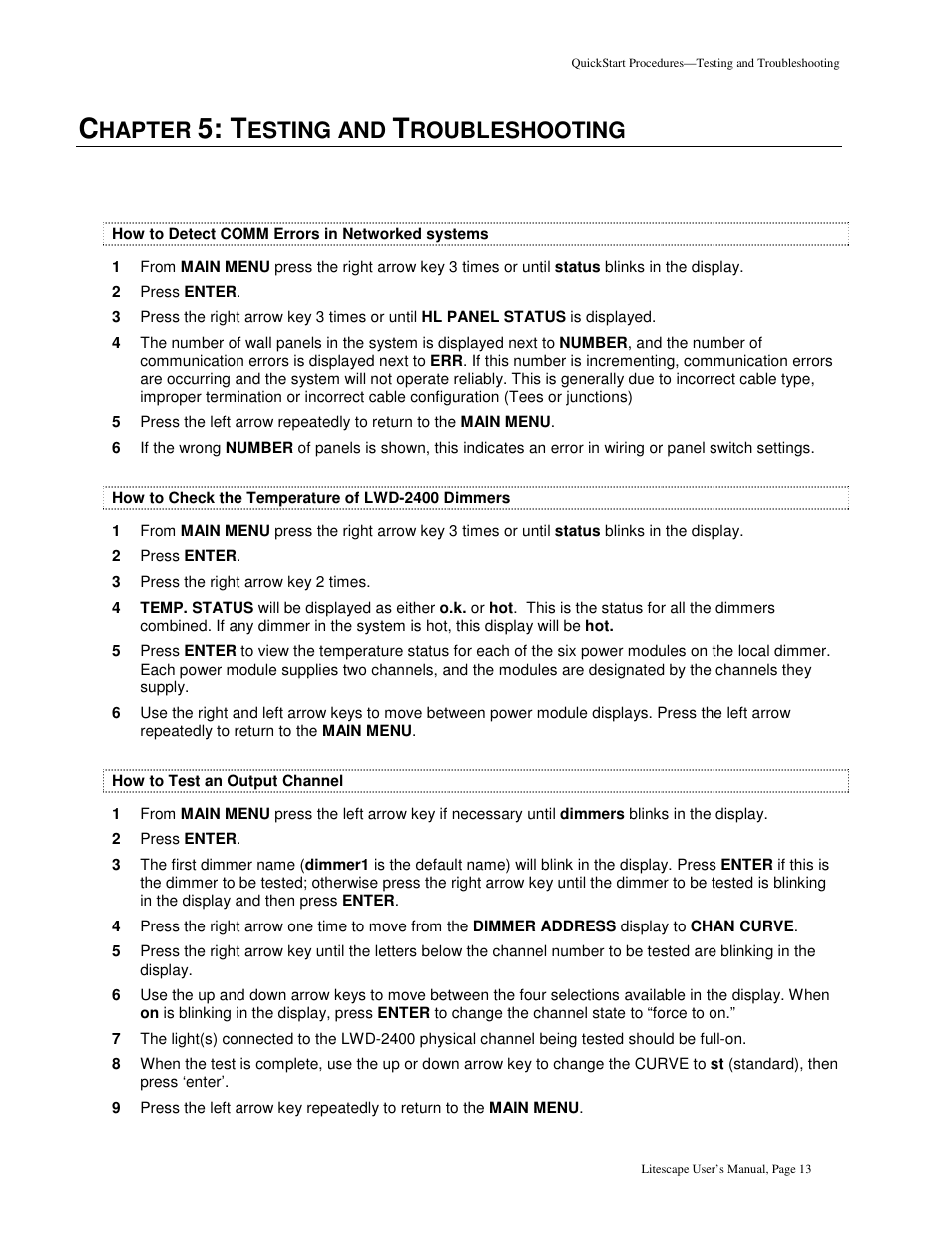 Hapter, Esting and, Roubleshooting | Leprecon Litescape dimmer User Manual | Page 29 / 79