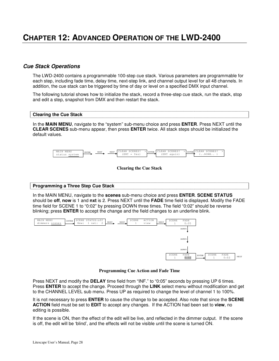 Lwd-2400, Hapter, Dvanced | Peration of the, Cue stack operations | Leprecon Litescape dimmer User Manual | Page 44 / 79