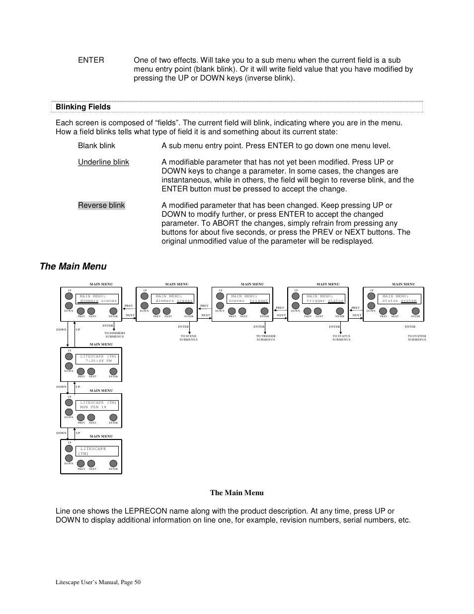 The main menu, Litescape user’s manual, page 50 | Leprecon Litescape dimmer User Manual | Page 66 / 79