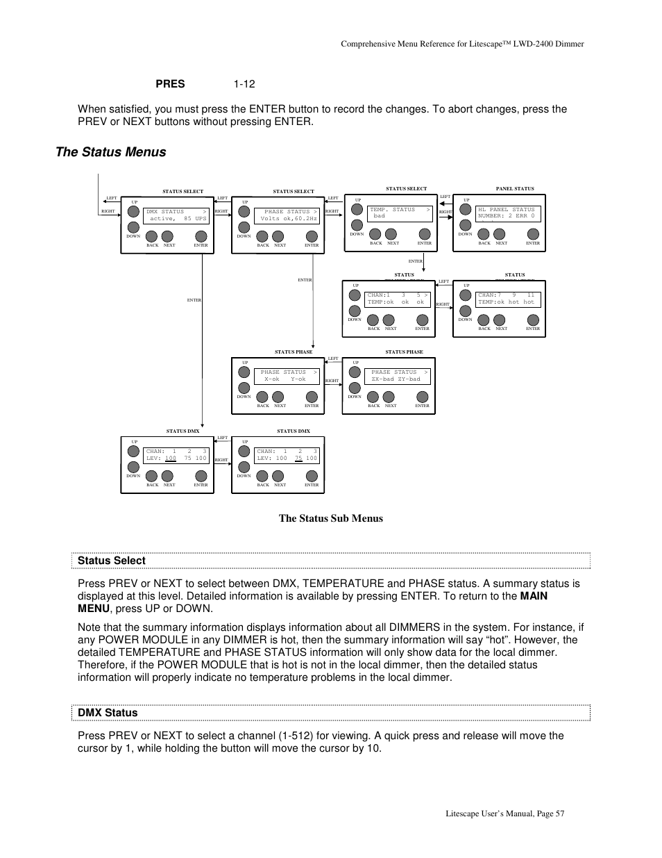 The status menus | Leprecon Litescape dimmer User Manual | Page 73 / 79