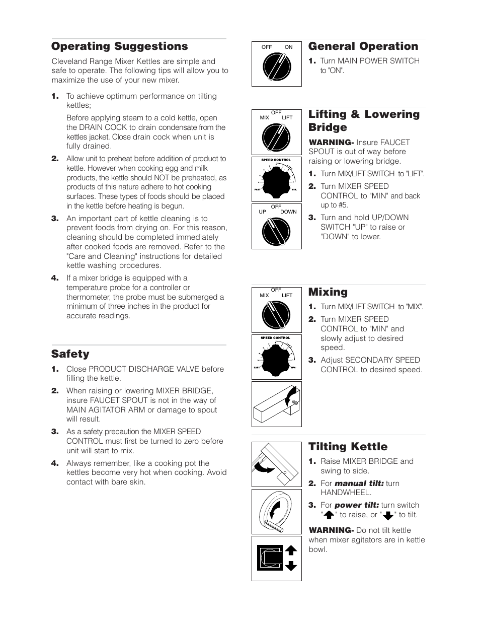 Tilting kettle, Mixing, Lifting & lowering bridge | General operation, Operating suggestions, Safety | Cleveland Range (T) MKDL-125-T (-CC) User Manual | Page 11 / 55