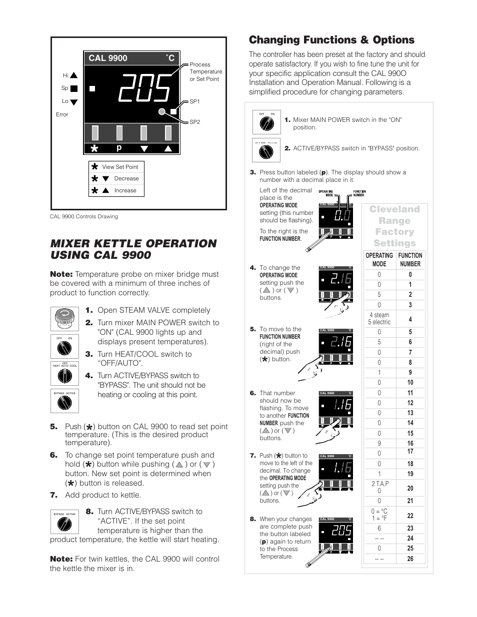 Mixer kettle operation using cal 9900, Changing functions & options, Cleveland range factory settings | Cleveland Range (T) MKDL-125-T (-CC) User Manual | Page 13 / 55