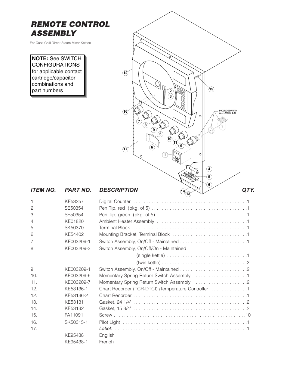 Remote control assembly, Item no. part no. description qty | Cleveland Range (T) MKDL-125-T (-CC) User Manual | Page 22 / 55