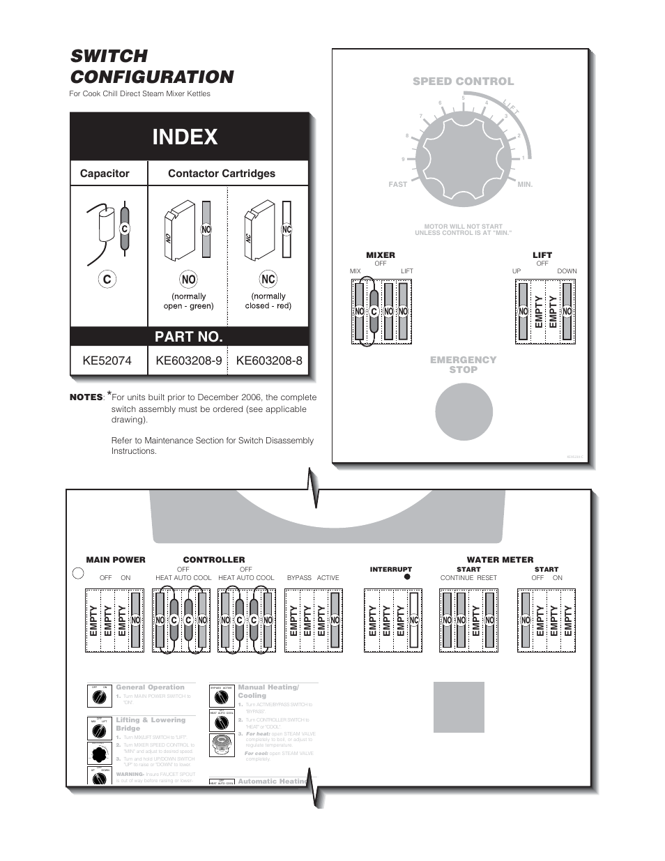 Index, Switch configuration, Part no | Speed control, Contactor cartridges capacitor, Li f t | Cleveland Range (T) MKDL-125-T (-CC) User Manual | Page 26 / 55