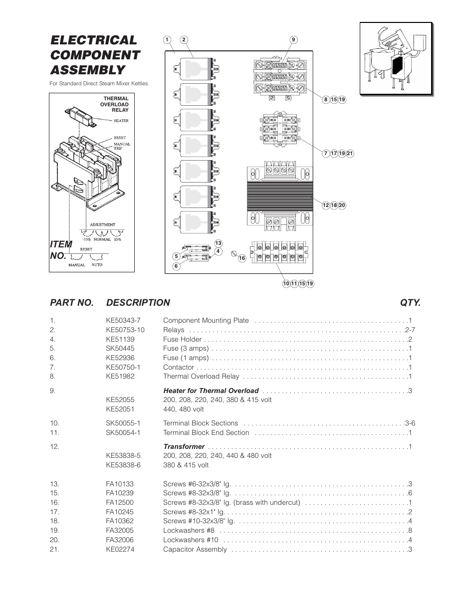 Electrical component assembly, Item no. part no. description qty | Cleveland Range (T) MKDL-125-T (-CC) User Manual | Page 27 / 55