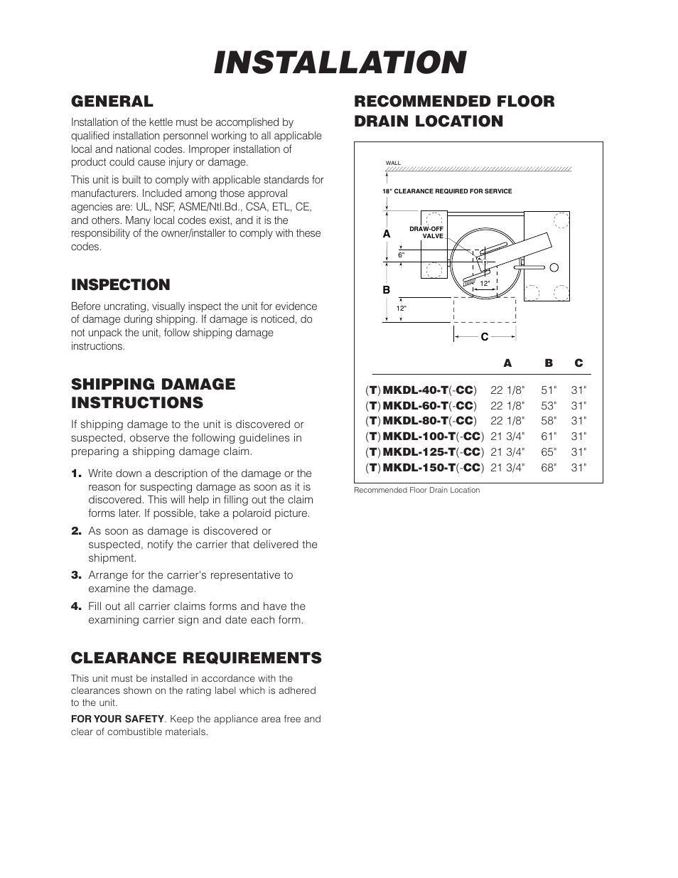 Installation, General, Inspection | Shipping damage instructions, Clearance requirements, Recommended floor drain location | Cleveland Range (T) MKDL-125-T (-CC) User Manual | Page 3 / 55