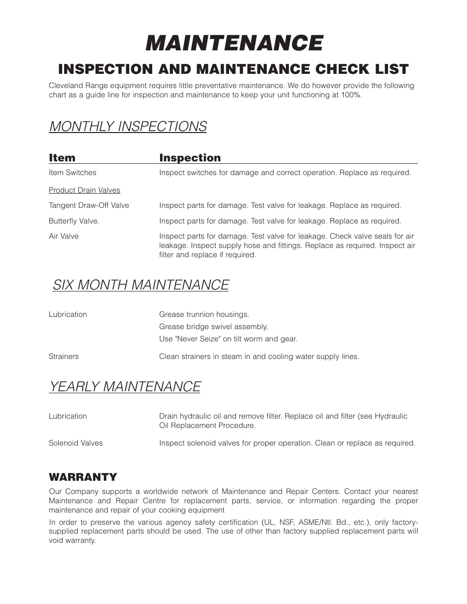Maintenance, Inspection and maintenance check list, Monthly inspections | Six month maintenance, Yearly maintenance | Cleveland Range (T) MKDL-125-T (-CC) User Manual | Page 45 / 55