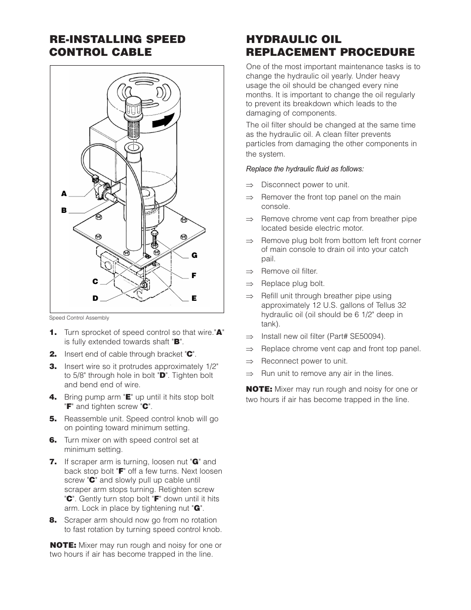 Re-installing speed control cable, Hydraulic oil replacement procedure | Cleveland Range (T) MKDL-125-T (-CC) User Manual | Page 47 / 55