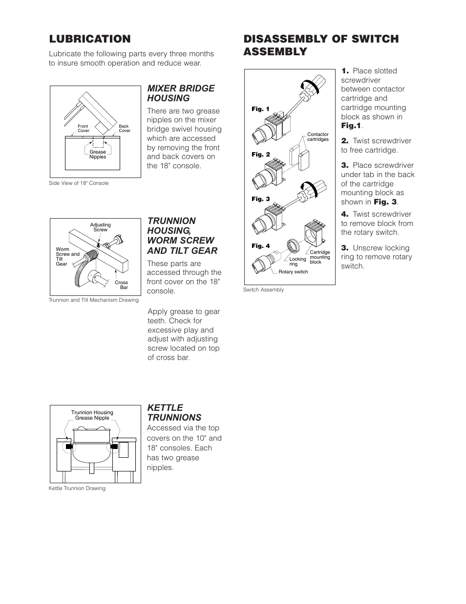 Lubrication, Disassembly of switch assembly, Mixer bridge housing | Trunnion housing, worm screw and tilt gear, Kettle trunnions | Cleveland Range (T) MKDL-125-T (-CC) User Manual | Page 48 / 55