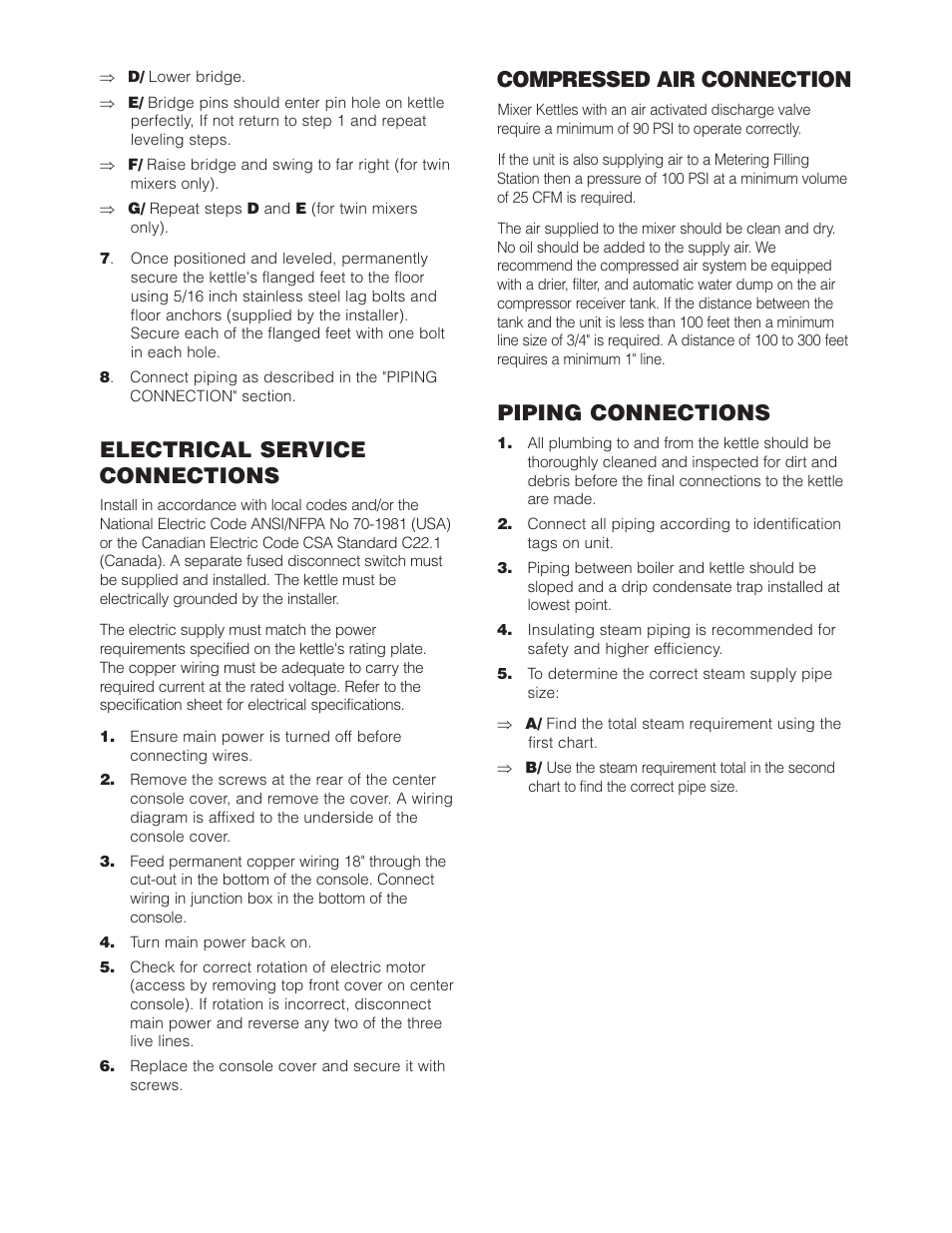 Electrical service connections, Compressed air connection, Piping connections | Cleveland Range (T) MKDL-125-T (-CC) User Manual | Page 5 / 55