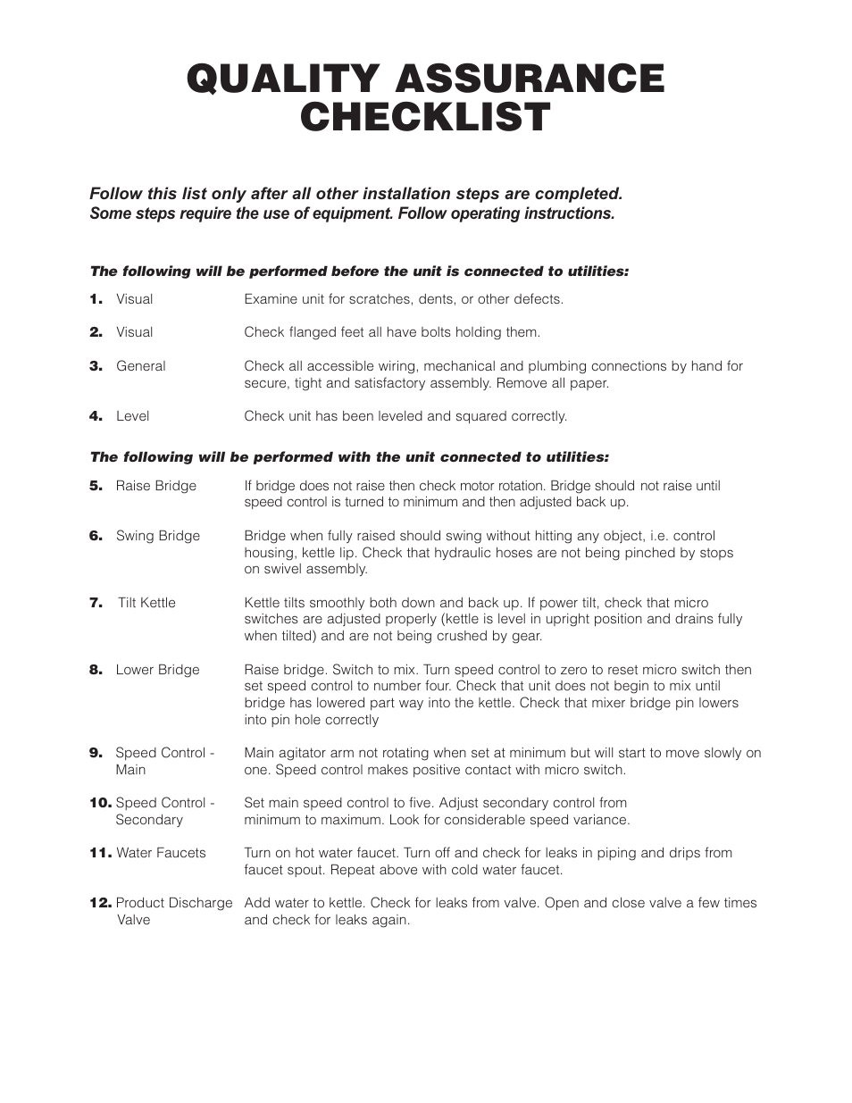 Quality assurance checklist | Cleveland Range (T) MKDL-125-T (-CC) User Manual | Page 7 / 55