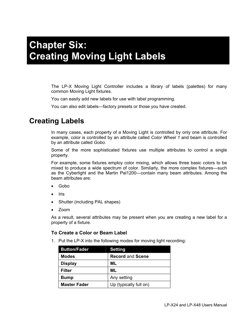 Chapter six: creating moving light labels, Creating labels | Leprecon LP-X24 Manual v3.2 User Manual | Page 127 / 228