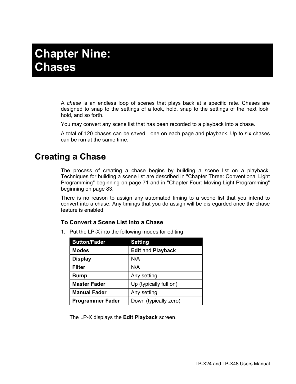 Chapter nine: chases, Creating a chase | Leprecon LP-X24 Manual v3.2 User Manual | Page 147 / 228
