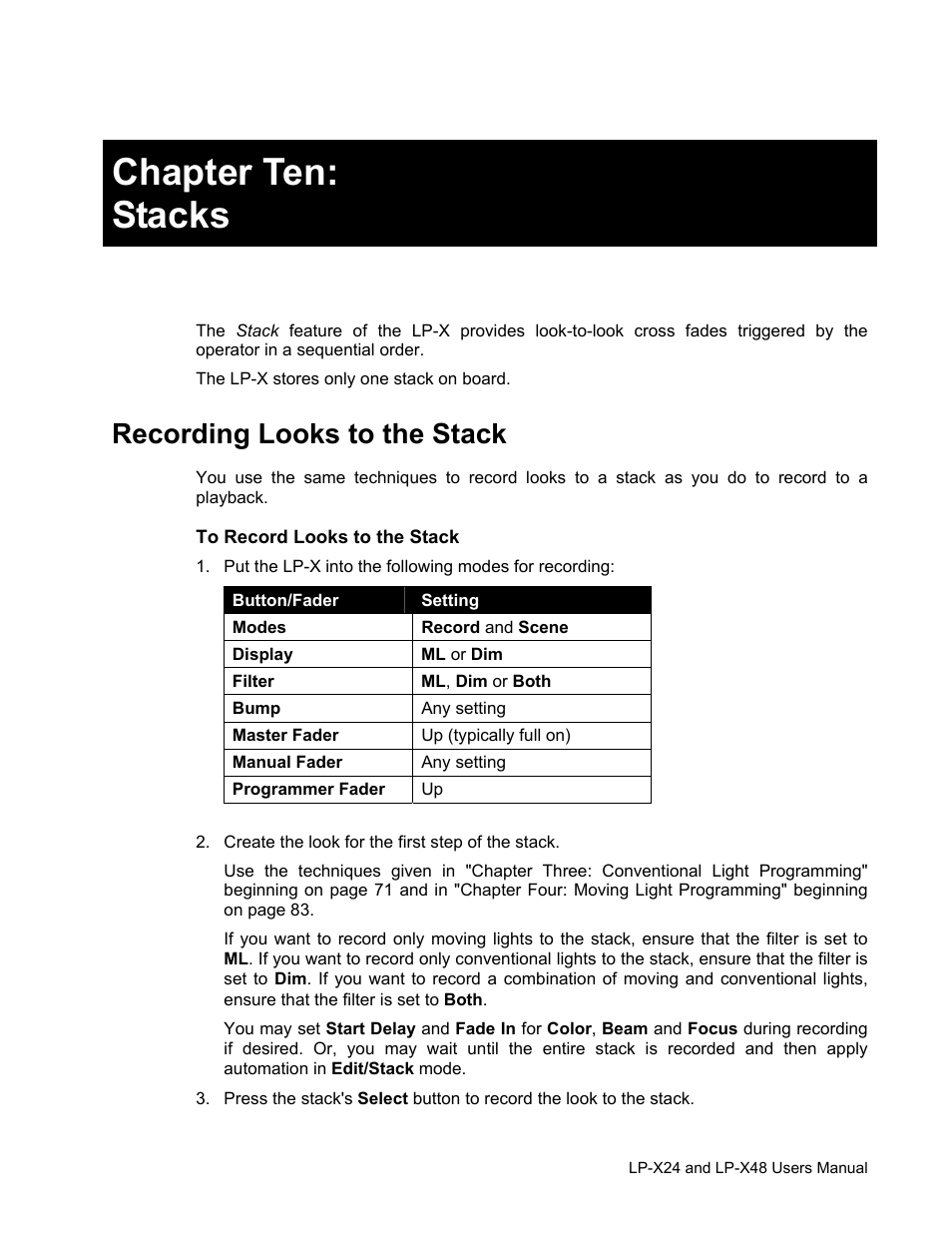 Chapter ten: stacks, Recording looks to the stack | Leprecon LP-X24 Manual v3.2 User Manual | Page 155 / 228