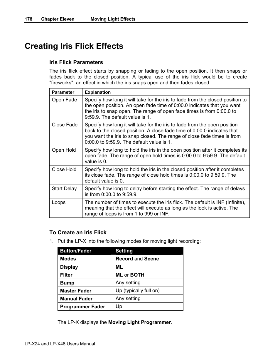 Creating iris flick effects | Leprecon LP-X24 Manual v3.2 User Manual | Page 182 / 228