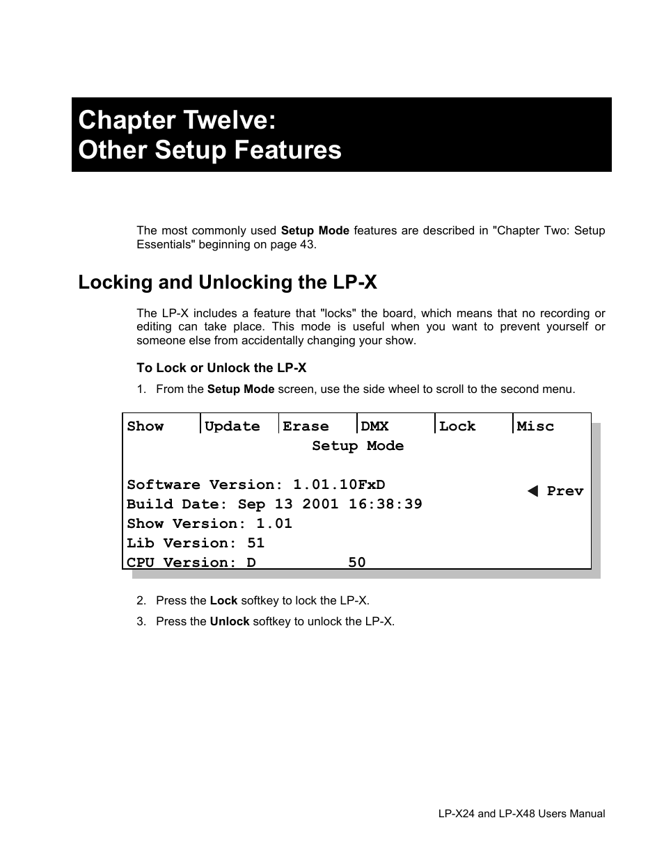 Chapter twelve: other setup features, Locking and unlocking the lp-x | Leprecon LP-X24 Manual v3.2 User Manual | Page 195 / 228