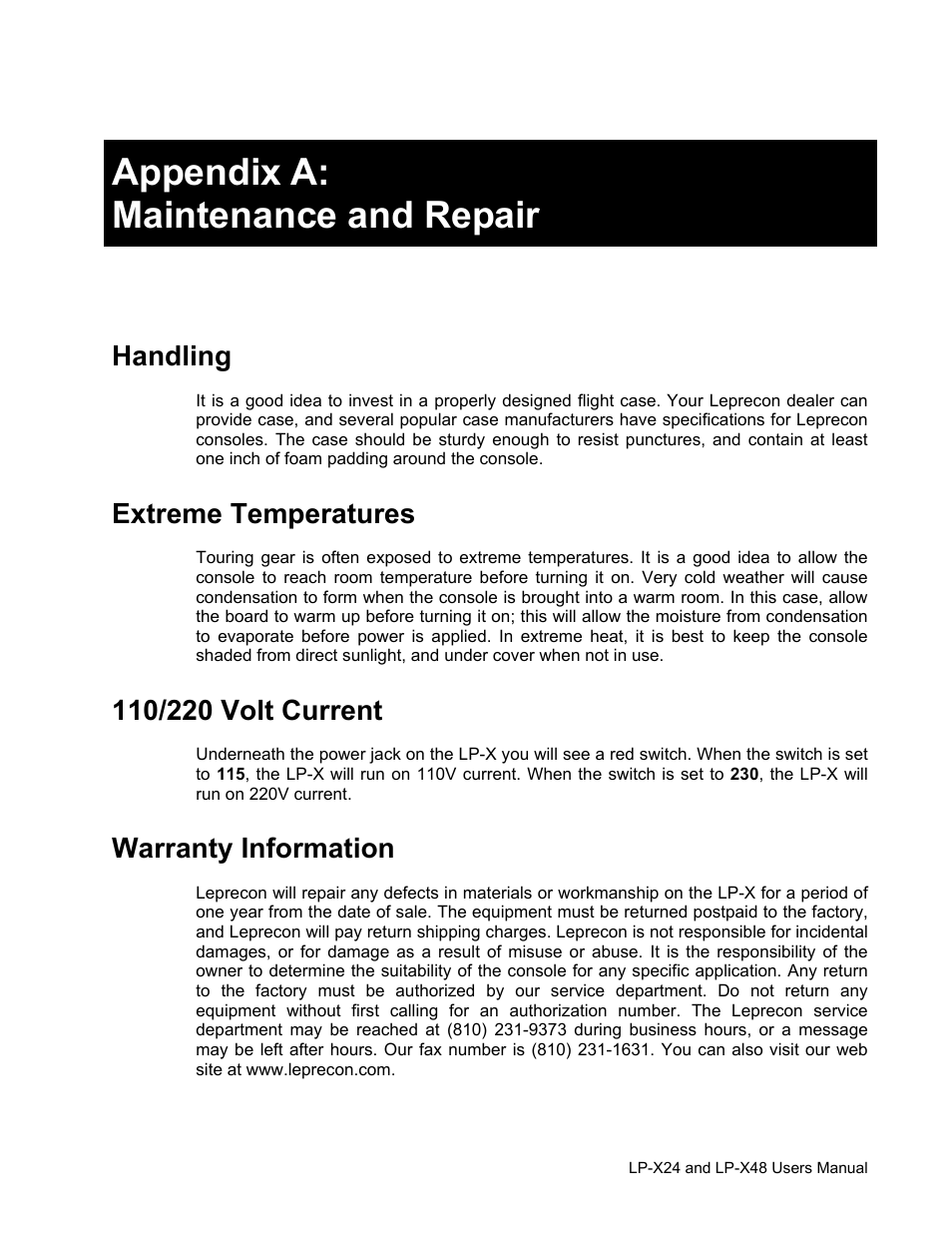 Appendix a: maintenance and repair, Handling, Extreme temperatures | Warranty information | Leprecon LP-X24 Manual v3.2 User Manual | Page 213 / 228
