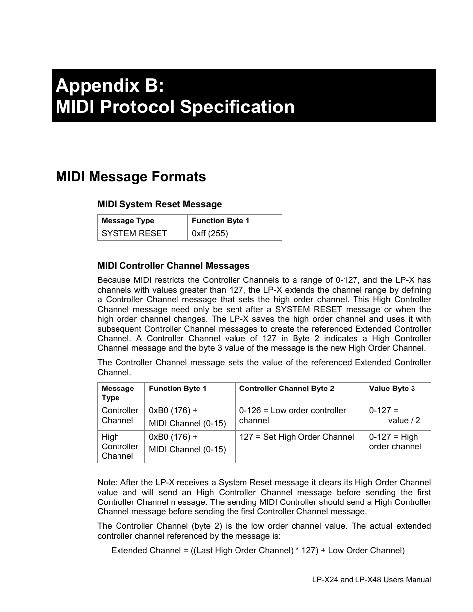 Appendix b: midi protocol specification, Midi message formats | Leprecon LP-X24 Manual v3.2 User Manual | Page 215 / 228