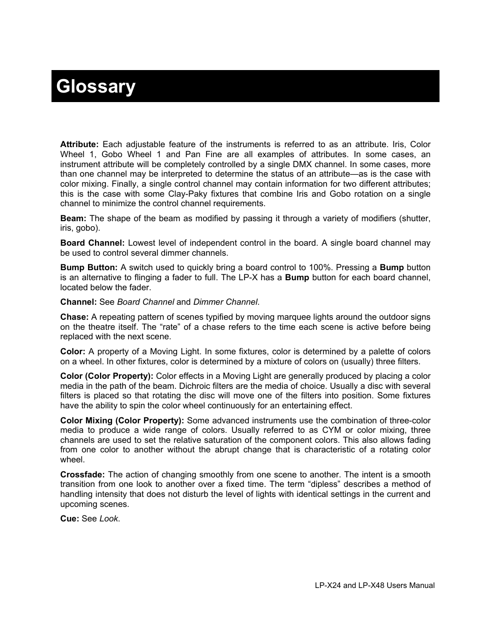 Glossary | Leprecon LP-X24 Manual v3.2 User Manual | Page 219 / 228