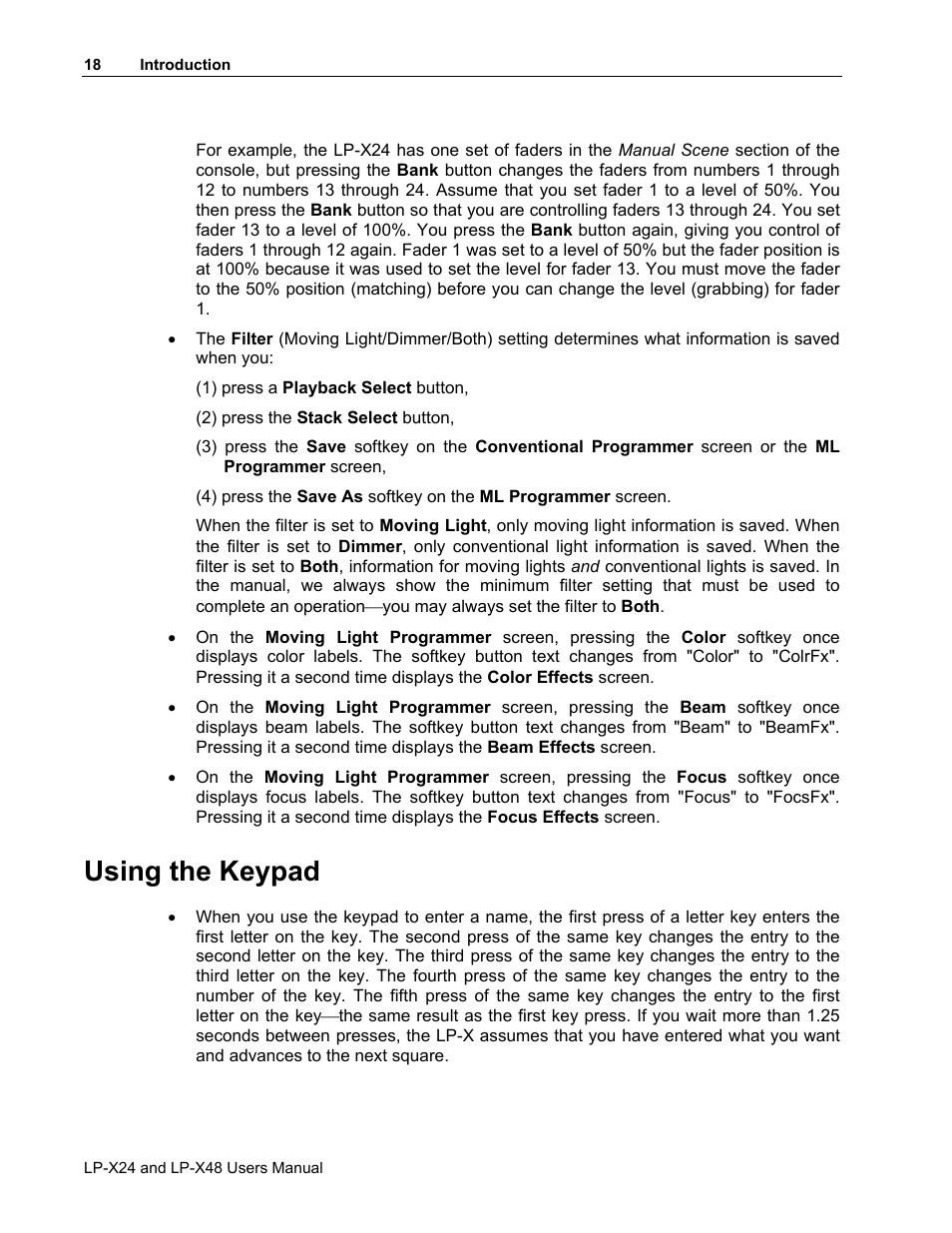 Using the keypad | Leprecon LP-X24 Manual v3.2 User Manual | Page 22 / 228