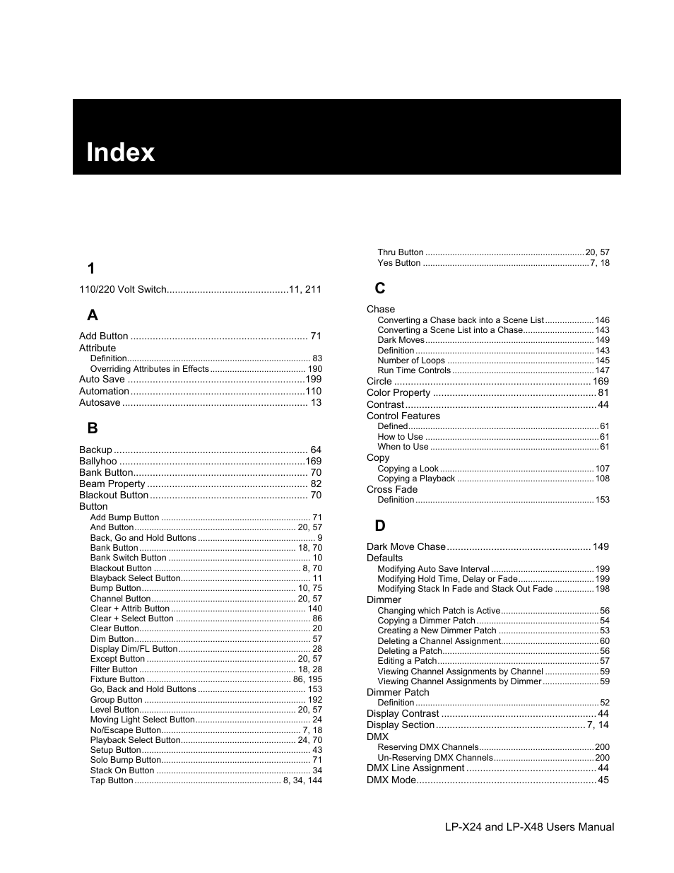 Index | Leprecon LP-X24 Manual v3.2 User Manual | Page 225 / 228