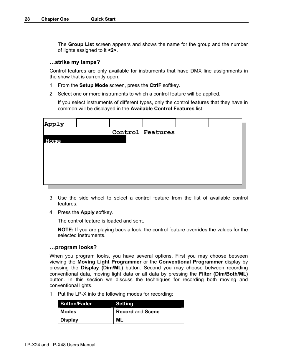 Control features apply home | Leprecon LP-X24 Manual v3.2 User Manual | Page 32 / 228