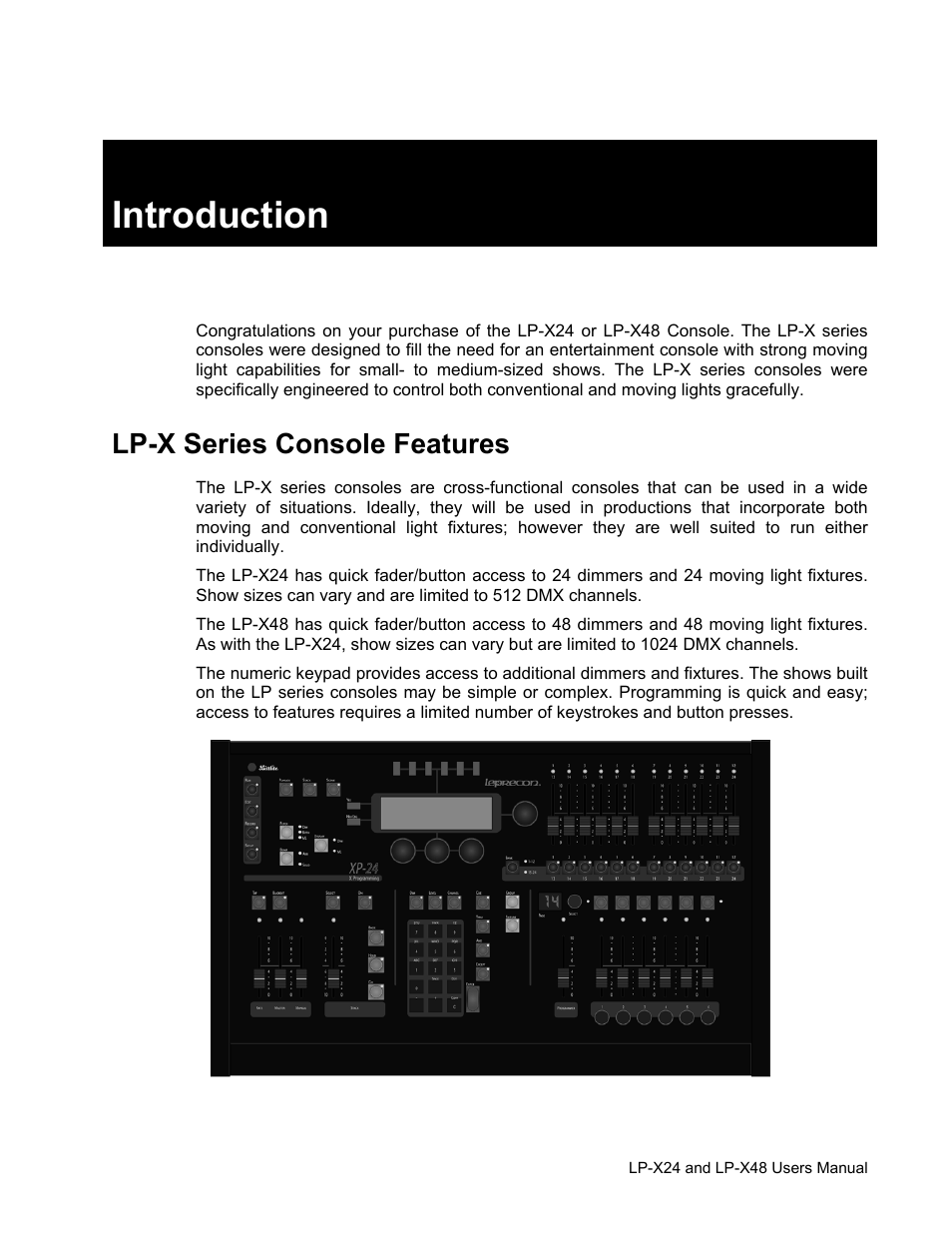 Introduction, Lp-x series console features | Leprecon LP-X24 Manual v3.2 User Manual | Page 9 / 228