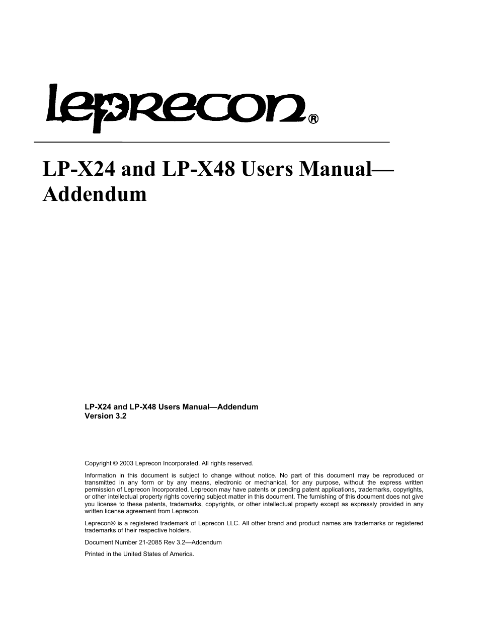 Leprecon LP-X24 Manual v3.2 Addendum User Manual | 55 pages